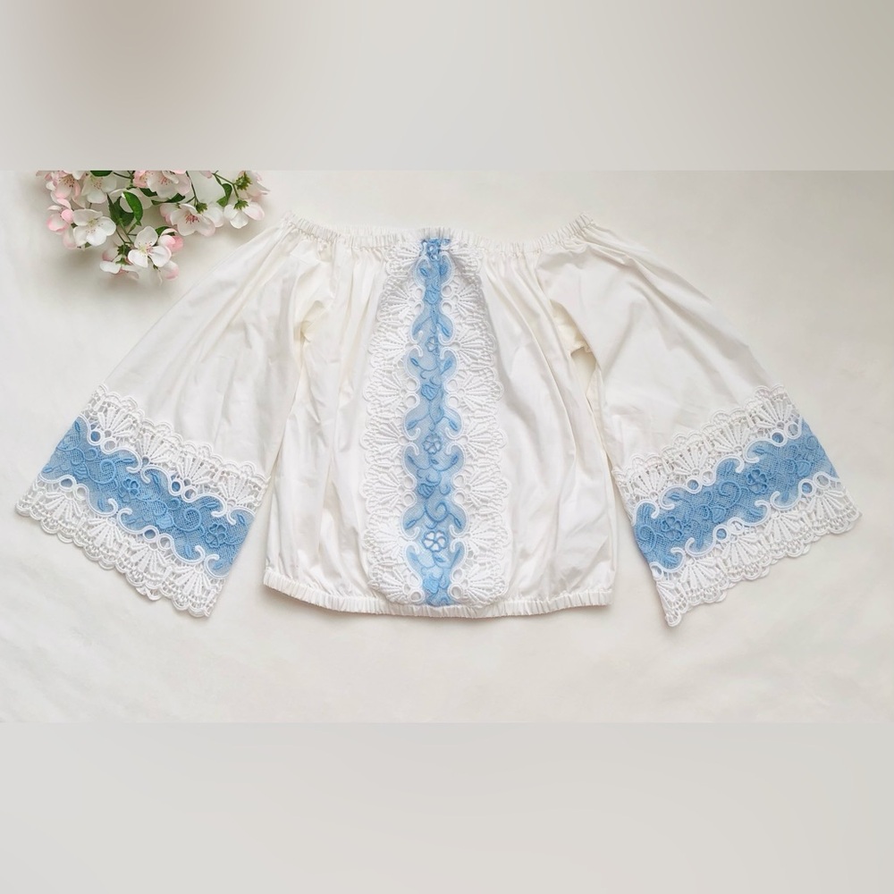 White Off-Shoulder Crop Top with Blue Lace Trim • Express Size XS